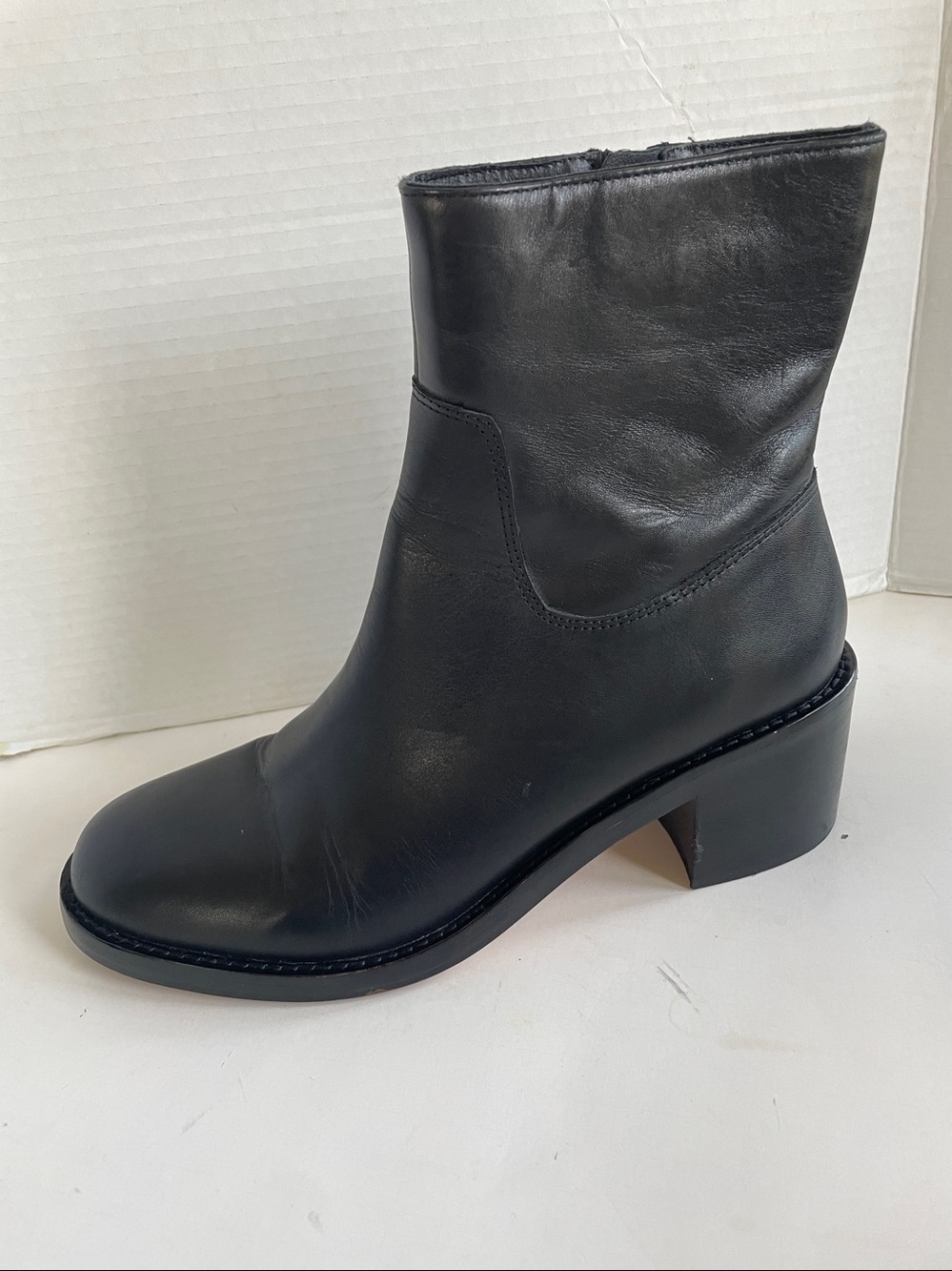 J. Crew Stacked Heel Black Leather Ankle Boots